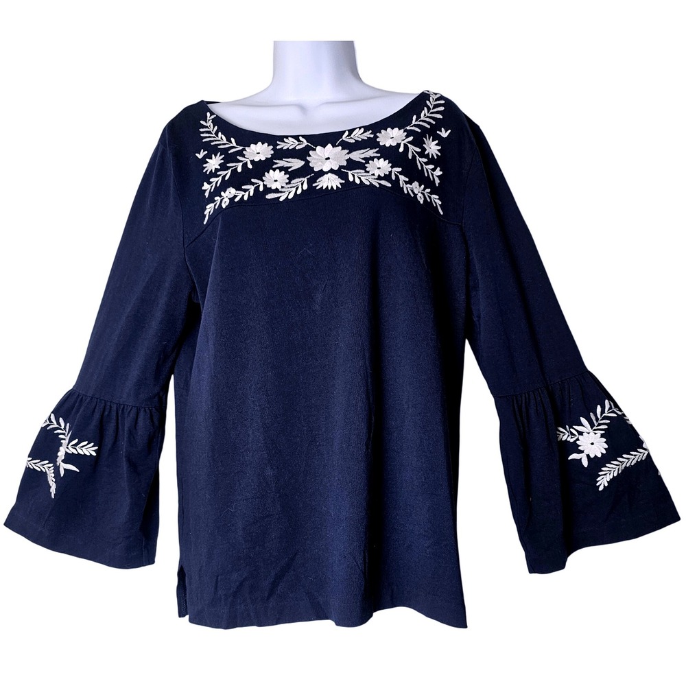 J Crew‎ Navy Blue Embroidered Bell Sleeve Top Size L Cotton